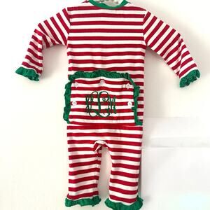 Cecil & Lou Christmas Red Stripe Ruffle Zipper Pajamas custom monogram VLM Sz6m